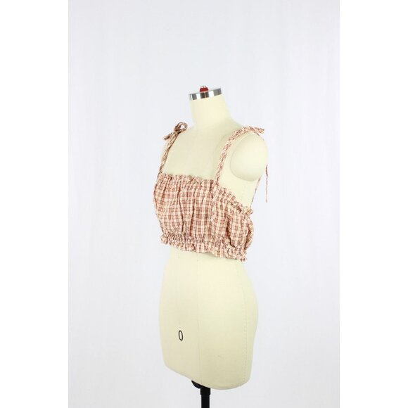 URBAN OUTFITTERS Red Check Cotton Crinkle Tie Shoulder Cropped Tank, Size S - Picture 8 of 15